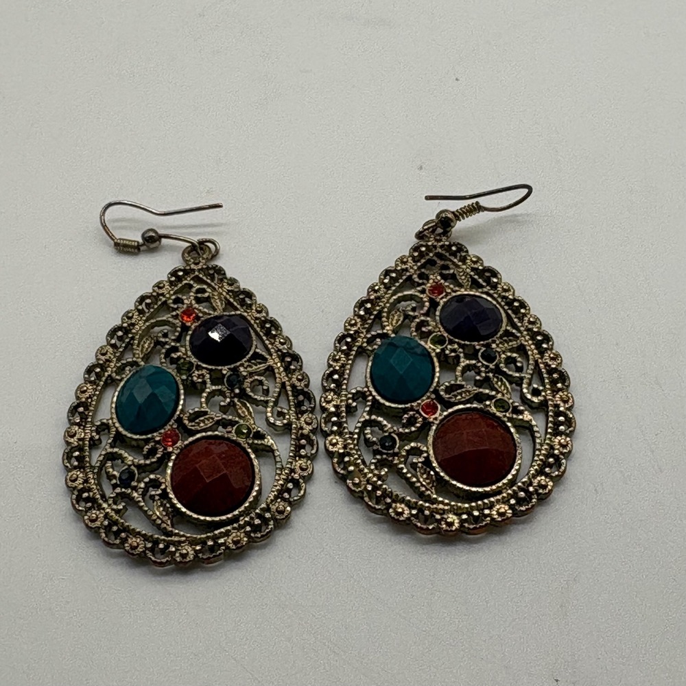 Vintage Gold Tone Filigree Teardrop Dangle‎ Earrings Colorful Stones Rhinestones